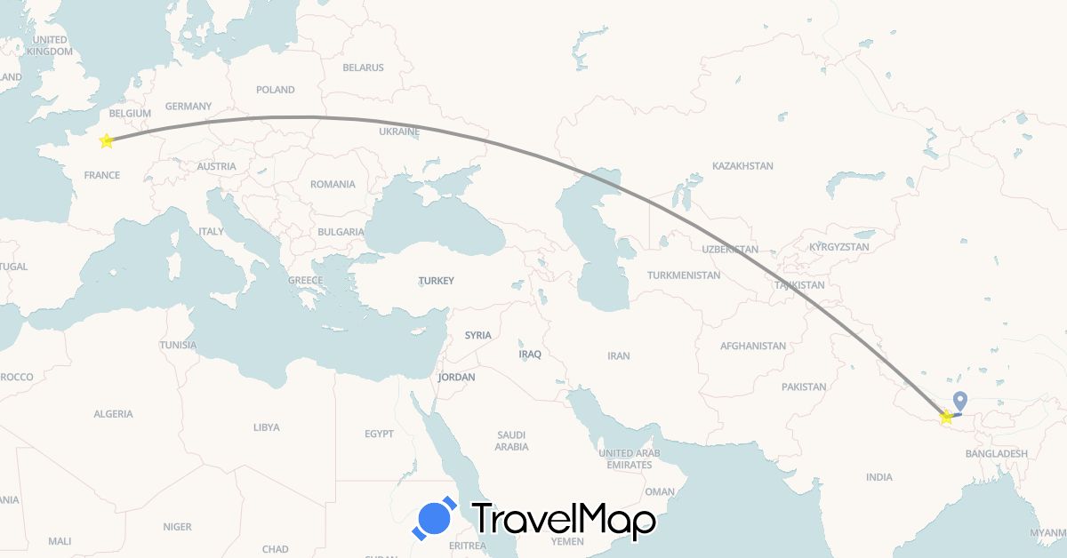 TravelMap itinerary: driving, plane, cycling in France, Nepal (Asia, Europe)